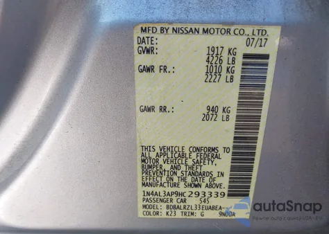 2017 Nissan Altima 2.5 Sl from USA, damaged, VIN 1N4AL3AP9HC293339